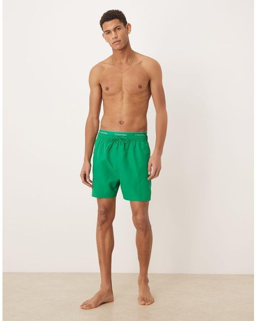 Calvin Klein Green Logo Waistband Drawstring Swim Shorts for men