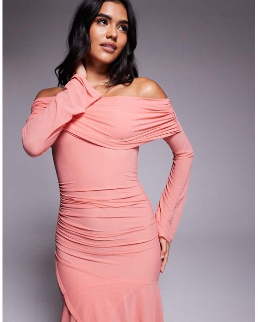 ASOS Pink Stretch Chiffon Long Sleeve Bardot Maxi Dress With Ruffle Hem