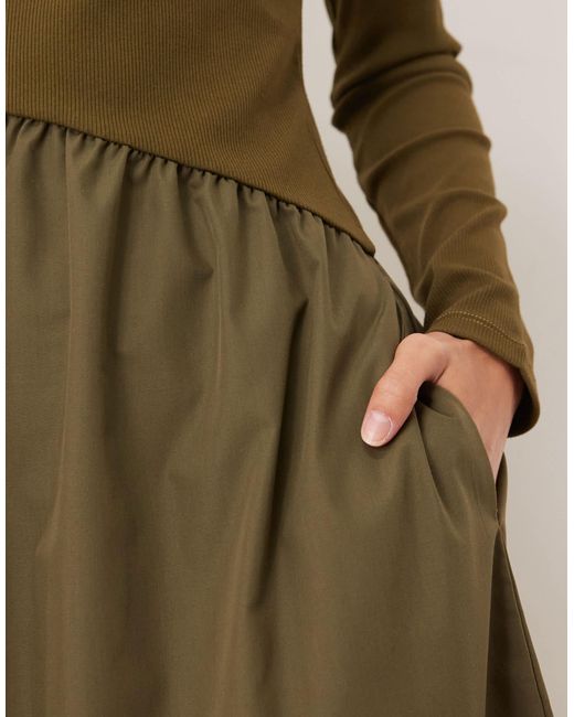 Threadbare Green Long Sleeve Midi Dress With Poplin Skirt
