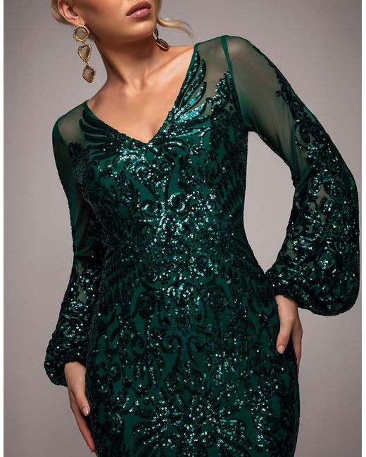 Goddiva Green Embellished Sequin Bishop Sleeve Maxi Dress