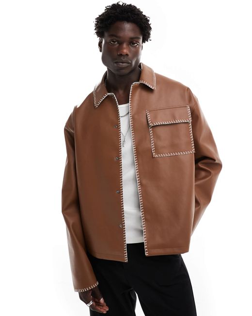 ASOS Brown Oversized Faux Leather Harrington Jacket With Contrast Stitch for men