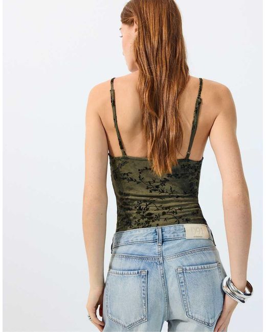 Stradivarius Blue Felted Lace Fitted Top