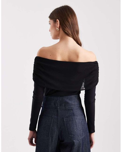ASOS Black Mesh Bardot Long Sleeve Bodysuit With Cotton Body