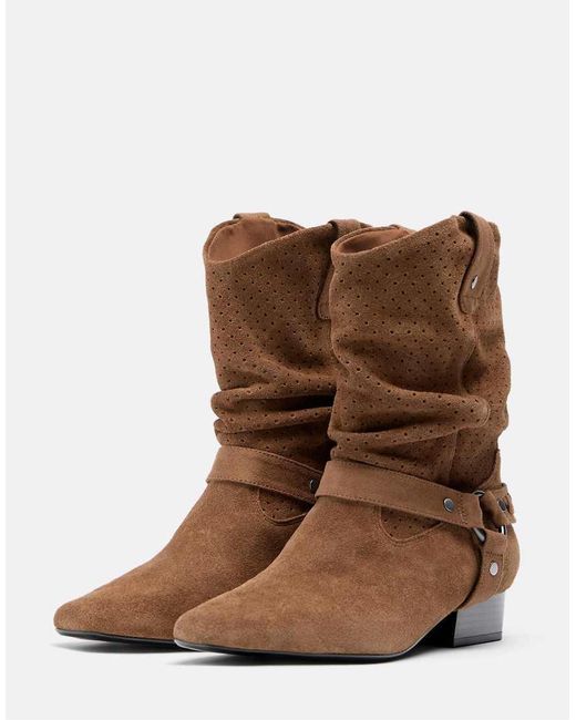 Stradivarius Brown Slouchy Openwork Leather Ankle Boots