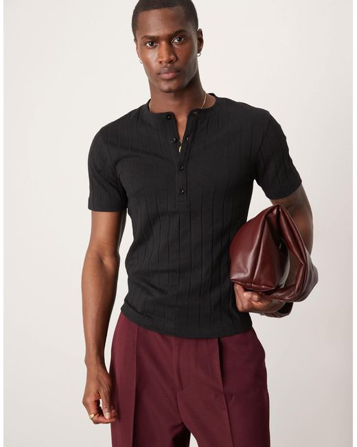 ASOS Black Muscle Fit Ribbed T-shirt With Henley Neck for men
