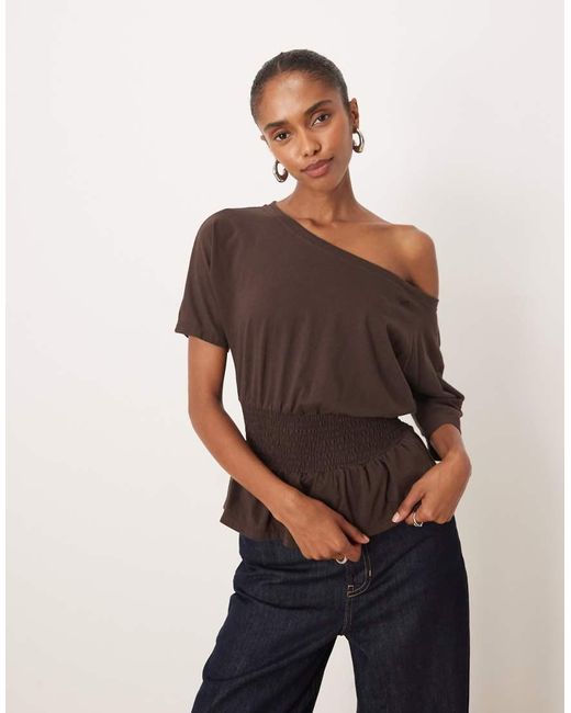 Motel Brown Domani Off Shoulder Slouchy Top With Shirred Waist