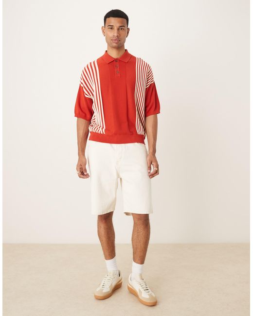 ASOS Red Oversized Boxy Fit Knitted Polo With Contrast Stripes for men
