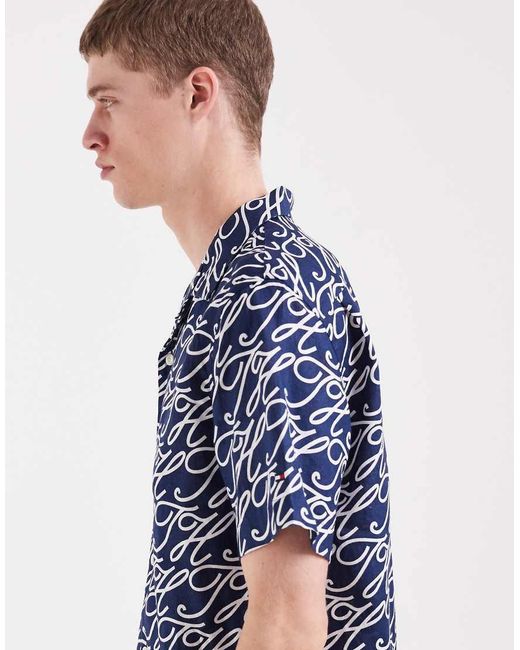 Tommy Hilfiger Blue Linen Camp Collar Short Sleeve Shirt for men