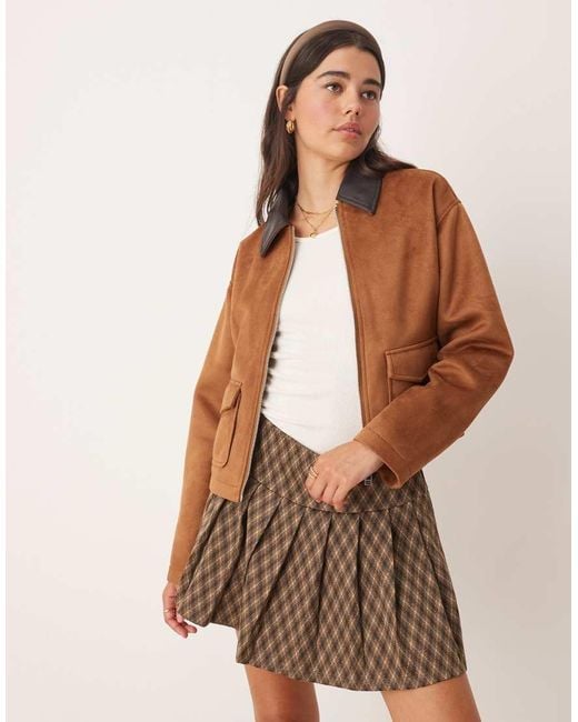 Miss Selfridge Natural Jersey Check Pleated Skort