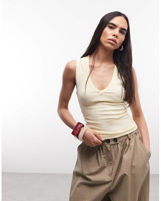Collusion Natural Low V Neck Exposed Seam Ribbed Singlet
