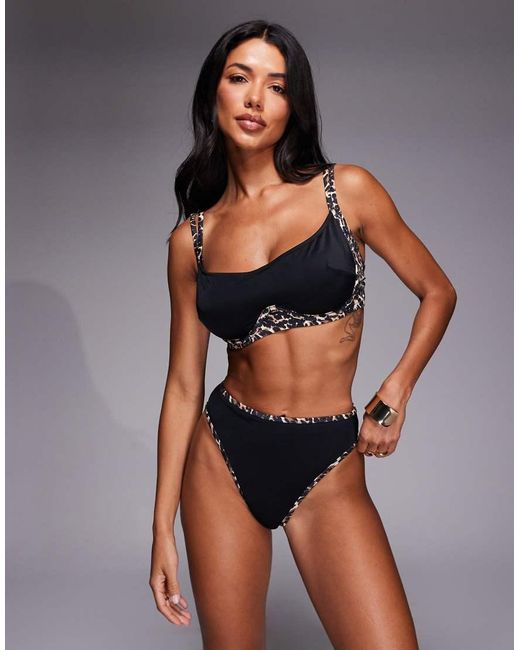 Wolf & Whistle Gray Hidden Underwire Bikini Top With Leopard Contrast