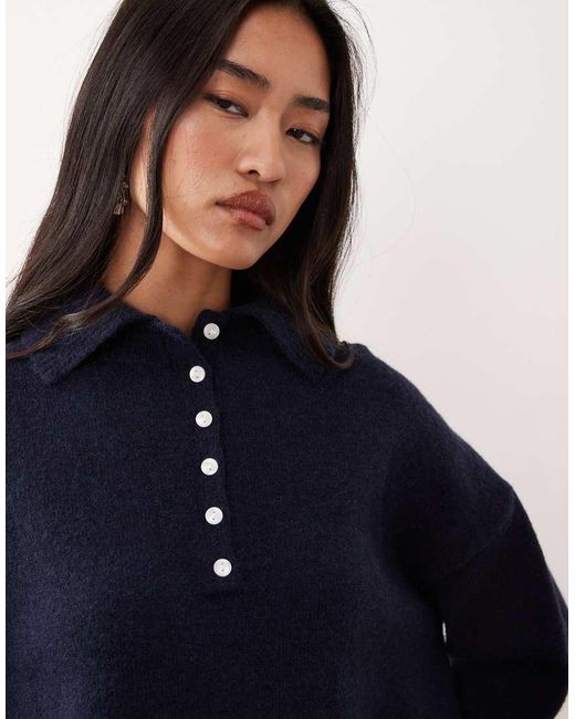 Pretty Lavish Blue Knitted Polo Button Placket Relaxed Jumper