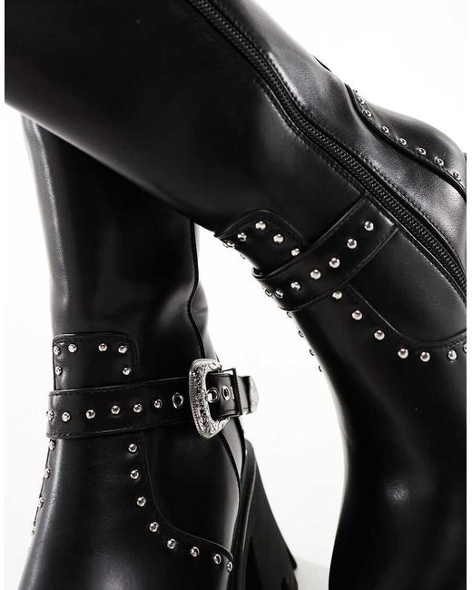 Lamoda Black Crocodile Tears Chunky Heeled Ankle Boots With Western Buckle