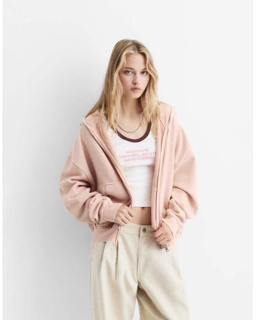 Felpa Con Cappuccio, Logo E Chiusura Con Zip di Pull&Bear in Natural