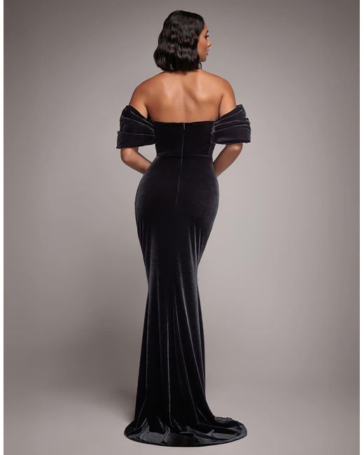 Goddiva Black Off The Shoulder Deep Plunge Velvet Maxi Dress