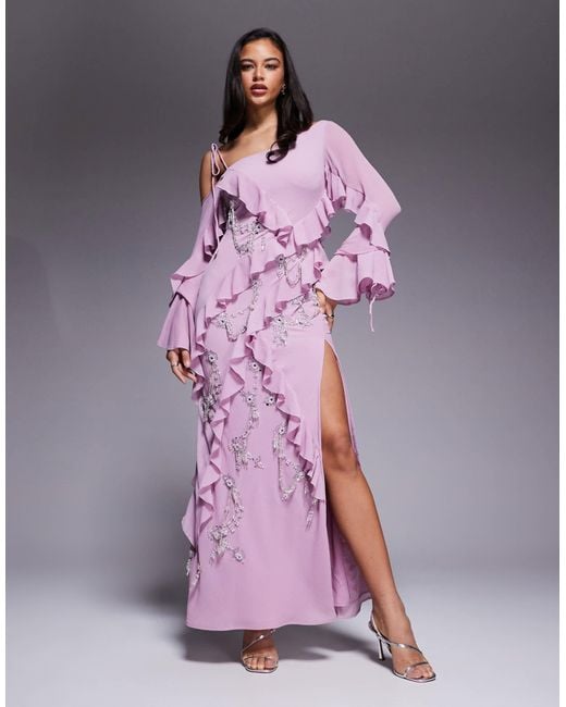 chinese dress ladies Viveca Apricot Crystal-Embellished Asymmetrical Ruched Maxi Dress