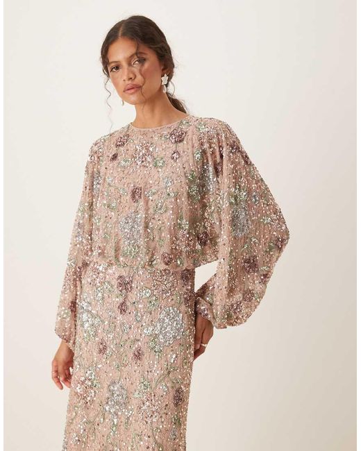 Maya Natural Embellished Round Neck Long Sleeve Maxi Dress