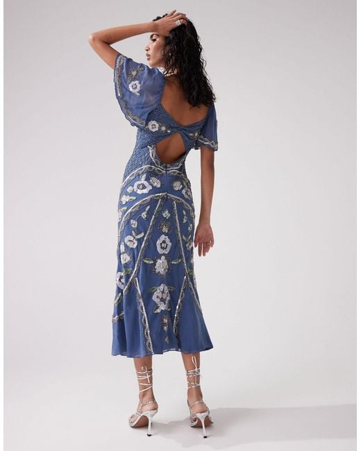 ASOS Blue Embellished Floral Flutter Sleeve Midi Dress With Open Back