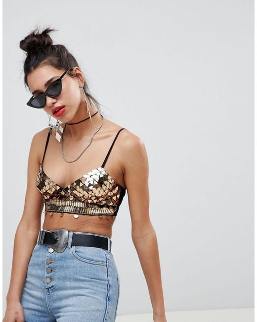 ASOS Embellished Bralette With Coin Trim in Metallic