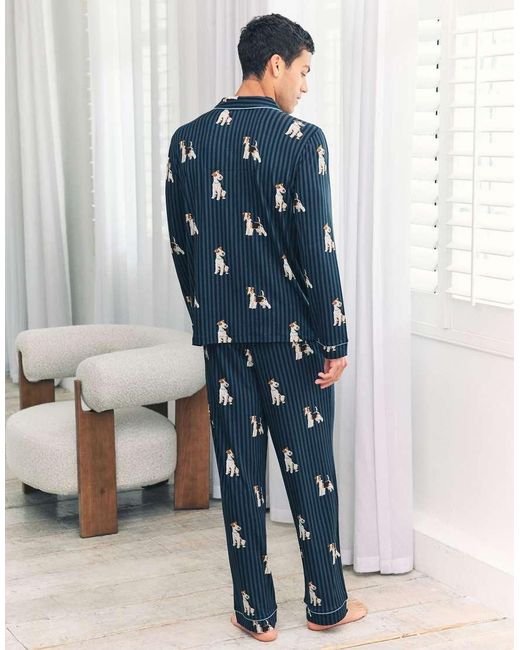 Chelsea Peers Blue Terrier Dog Stripe Print Long Pyjama Set for men