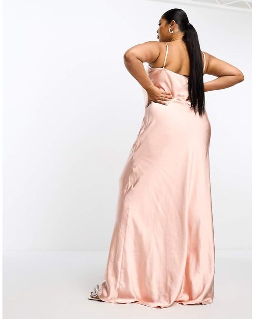 Pretty Lavish Curve Pink Bridesmaid Keisha Cowl Neck Satin Maxi Dress