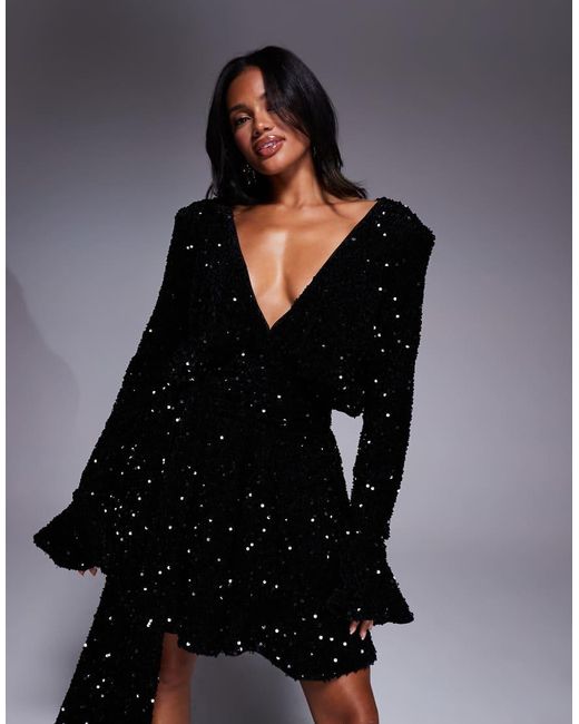 ASOS Black Sequin Velvet Drape Front Mini Dress With exaggerated Shoulders