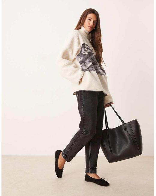 ASOS Natural Borg Half Zip Fleece With Placement Mountain Print