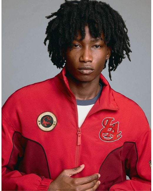 Bershka Red Printed Zip-up Jacket for men