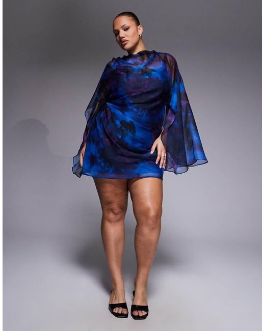 ASOS Blue Asos Design Curve High Neck Drape Front Extreme Cape Sleeve Mini Dress