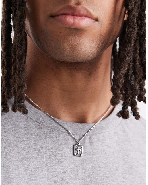 ASOS – wasserfester edelstahl-anhänger mit rechteckigem design und brüniertem kreuz-motiv in Gray für Herren