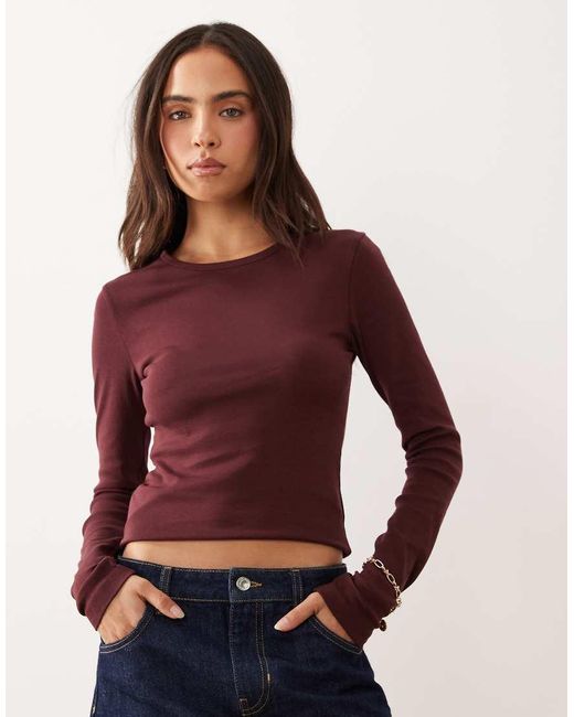 Gina Tricot Red Jersey Rib Round Neck Long Sleeve Top