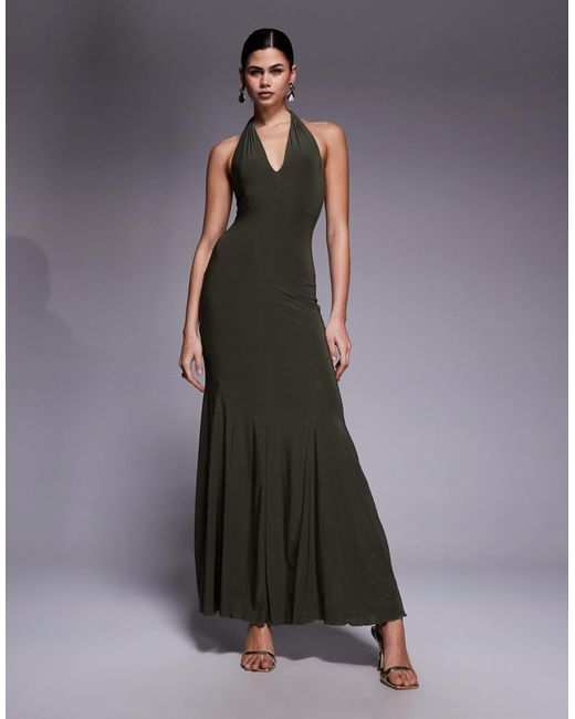 Fashionkilla Gray Exclusive Double Sculpted Slinky Plunge Halterneck Godet Hem Maxi Dress