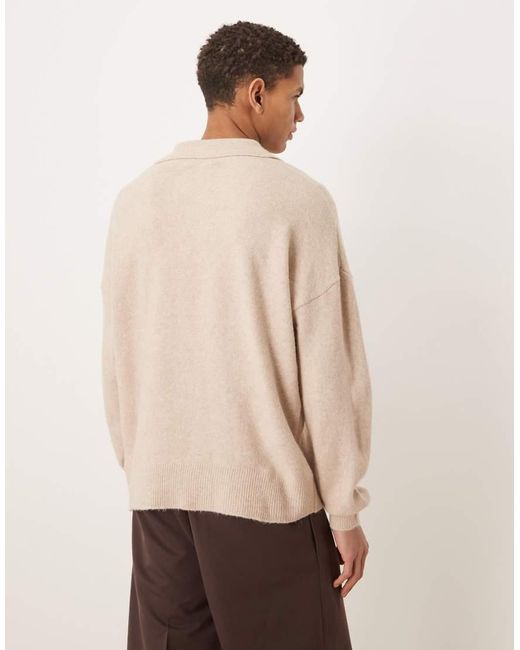 ASOS Natural Oversized Brushed Knitted Notch Neck Jumper for men