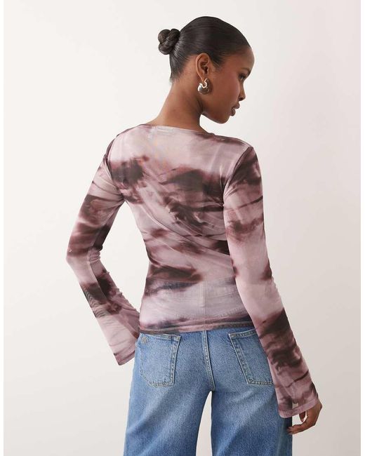 ASOS Multicolor Sheer Mesh Flare Long Sleeve Top