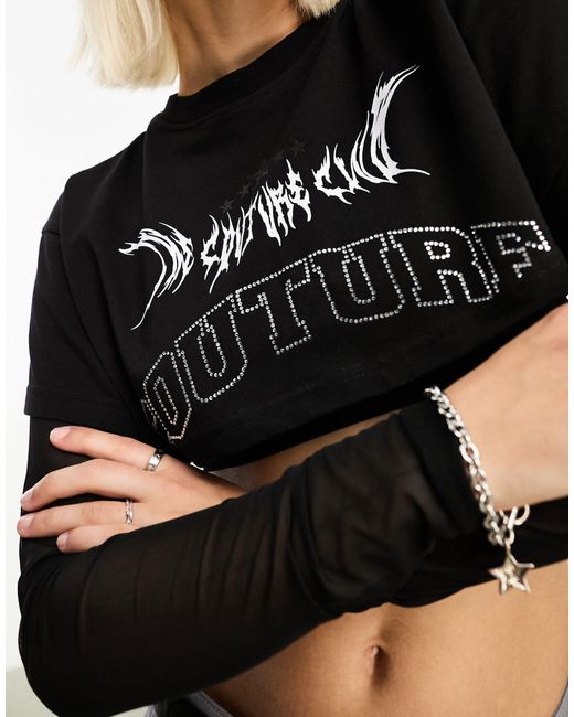 The Couture Club Black Mesh Layered Crop T-shirt