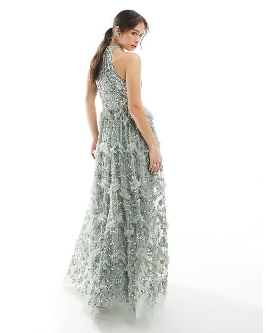 Maya Green Fully Embellished Halter Neck Maxi Dress