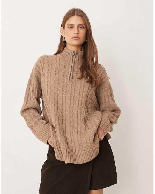 Pretty Lavish Natural Cable Knit Half Zip Neck Jumper