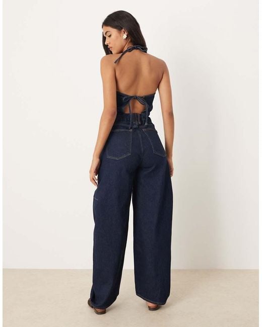 Abercrombie & Fitch Blue Halterneck Barrel Leg Denim Jumpsuit