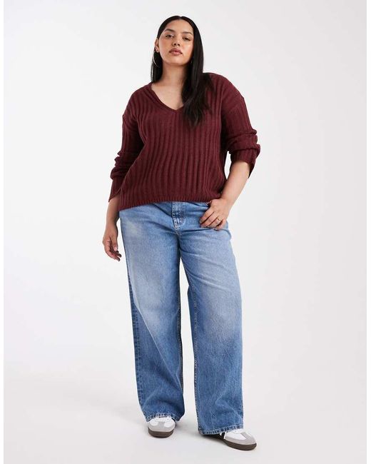 Brave Soul Red Plus Deep V-neck Ribbed Jumper