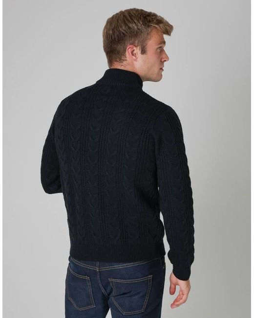 French Connection Blue 1/2 Zip Cable Knit Jumper for men