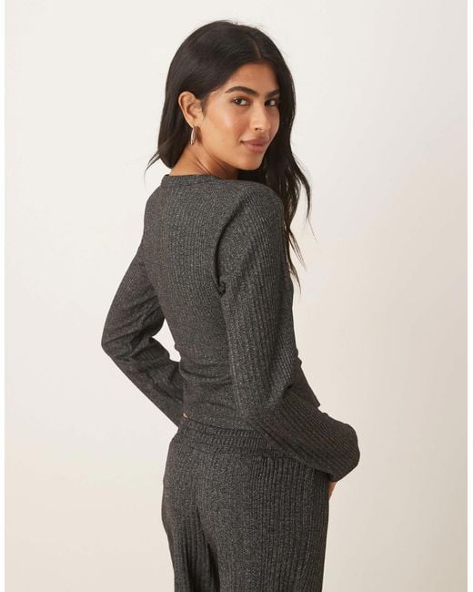ASOS Gray Rib Detail Long Sleeve Button Through Top