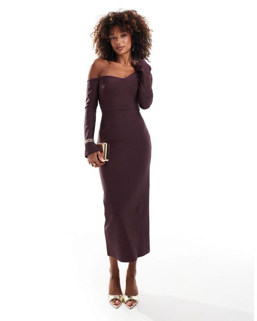 ASOS Purple Bandage Off Shoulder Long Sleeve Midi Dress