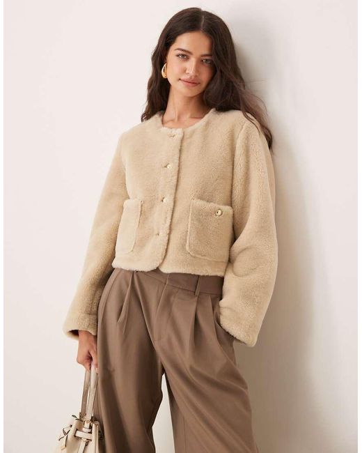ASOS Natural Collarless Bonded Borg Jacket