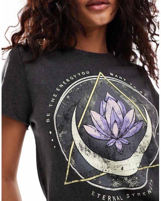 ONLY Black Acid Wash Lotus Motif T-Shirt