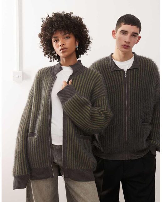 The Ragged Priest Black Unisex Fuzzy Ribbed Zip Through Cardigan for men