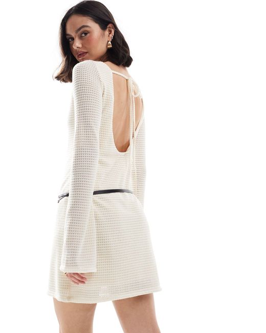 ASOS White Crochet Flared Sleeve Mini Dress With Belt