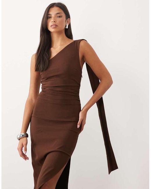 TFNC London Natural Bengaline One Shoulder Draped Maxi Dress