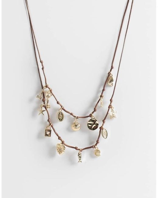 ASOS Metallic Row Brown Corded Necklace With Sea-life Charms