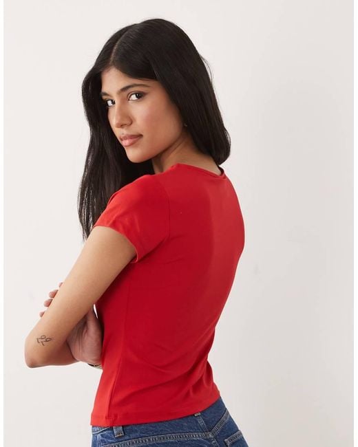 ASOS Red Polyamide Scoop Neck Short Sleeve Top
