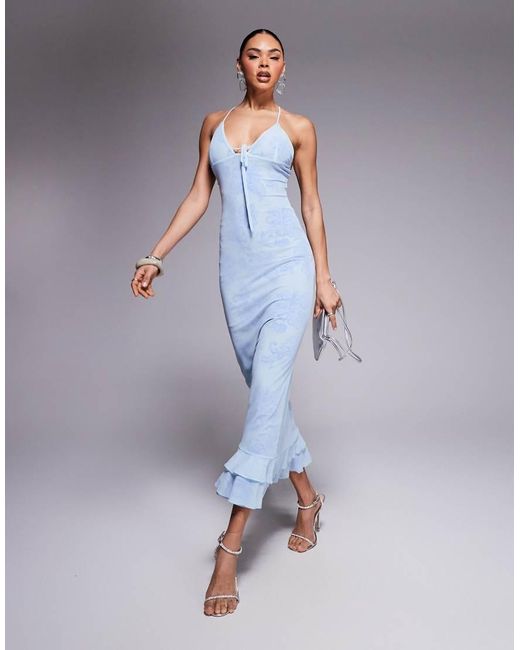 ASOS Purple Double Layer Mesh And Lace Print Cami Maxi Dress With Ruffle Hem